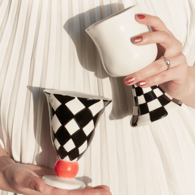 Checkered Ceramic Wine Goblet Cup - Rumi Living