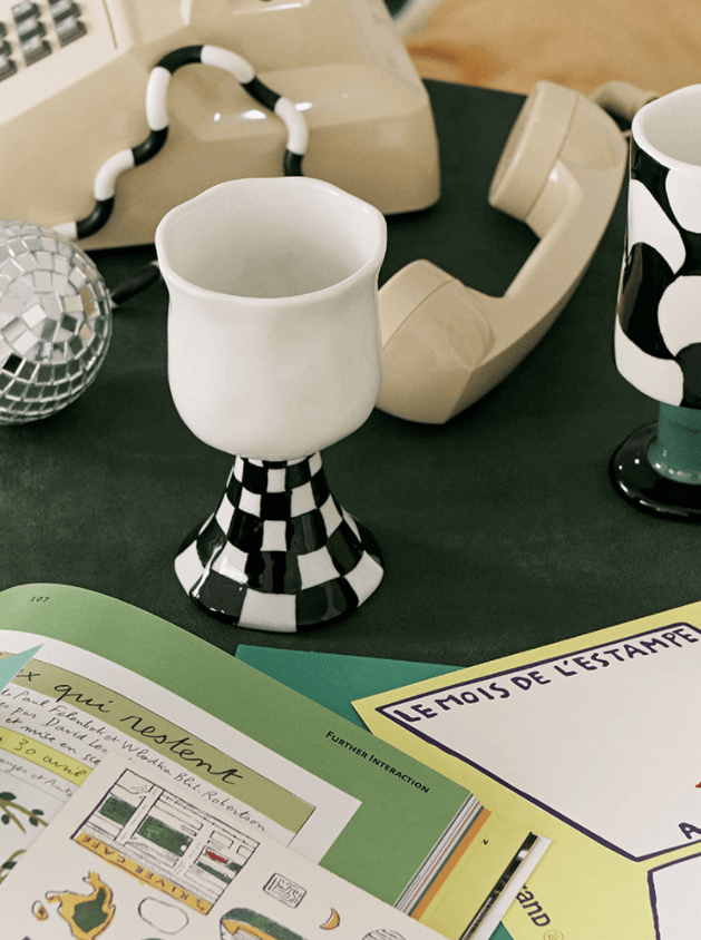 Checkered Ceramic Wine Goblet Cup - Rumi Living
