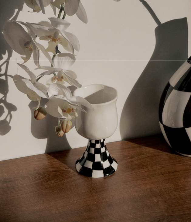 Checkered Ceramic Wine Goblet Cup - Rumi Living