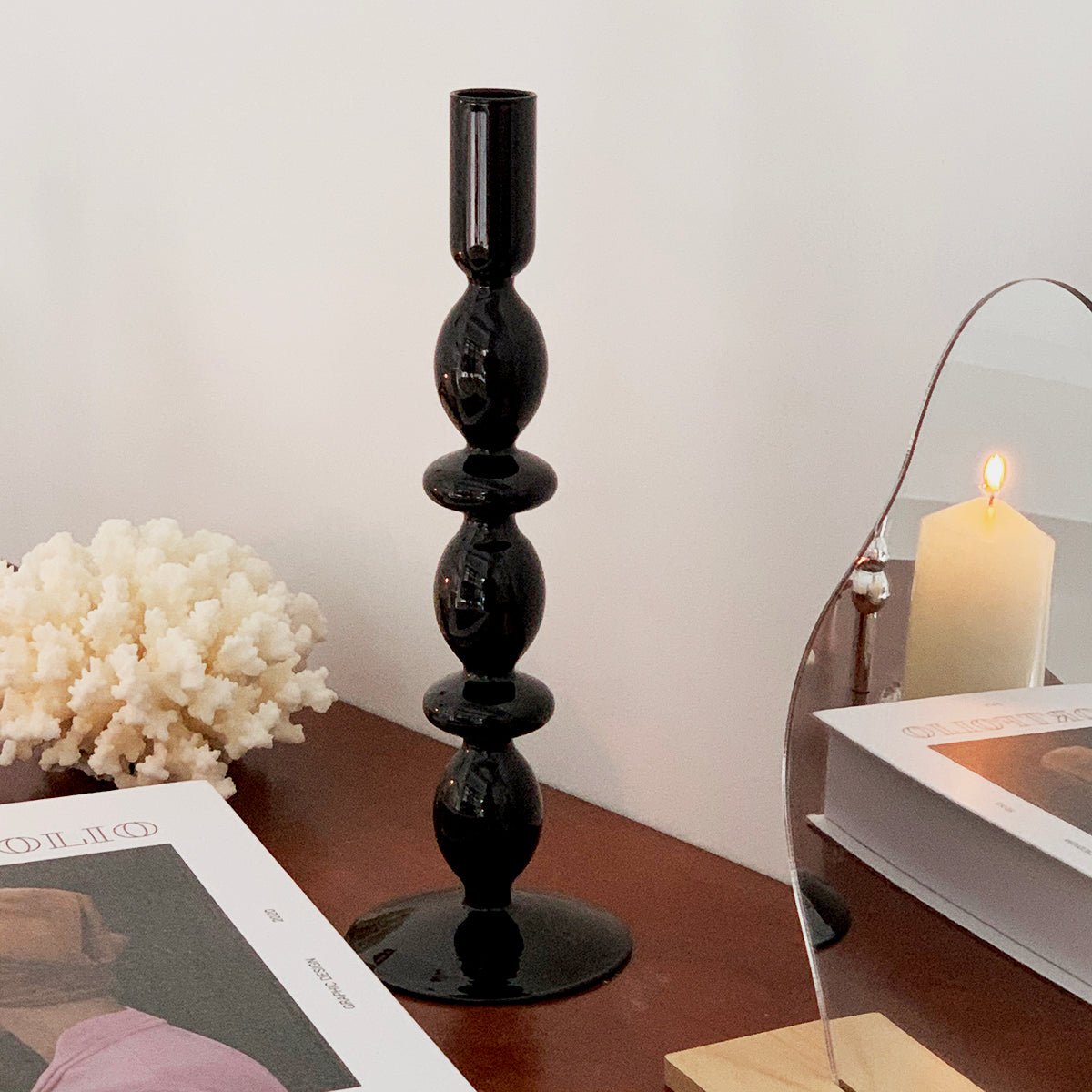 Handblown Glass Candlestick Holder - Black - Rumi Living