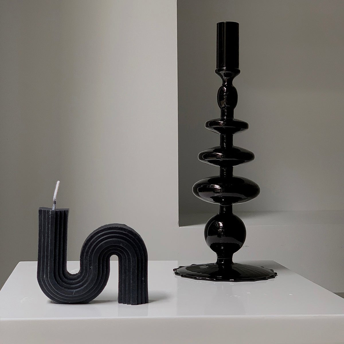 Handblown Glass Candlestick Holder - Black - Rumi Living