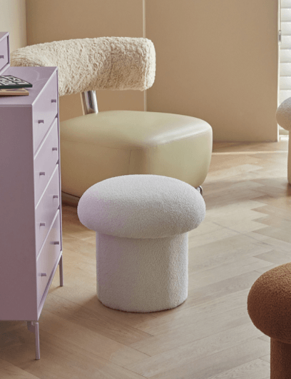 "Mushroom" White Boucle Pouf Ottoman - Rumi Living